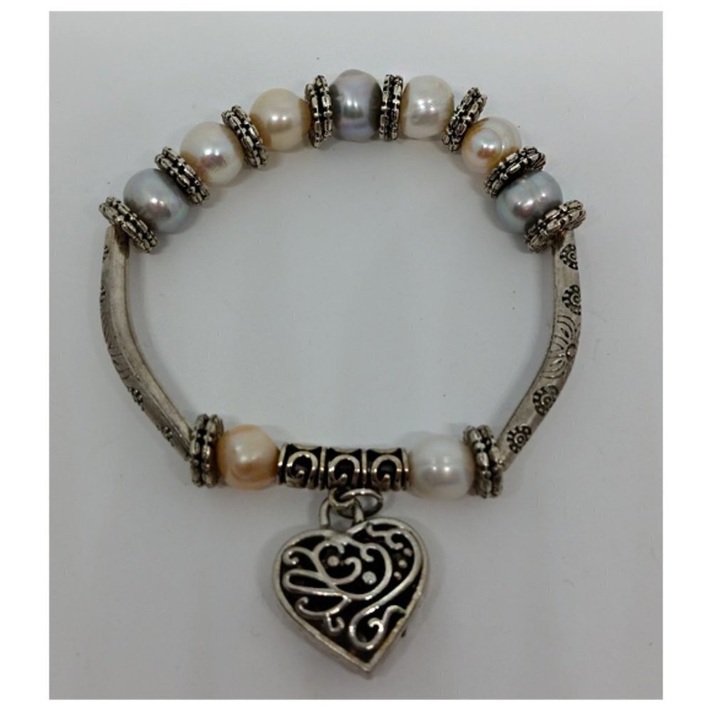 Antique silver tone heart charm bracelet with pearls , stackable, layering.